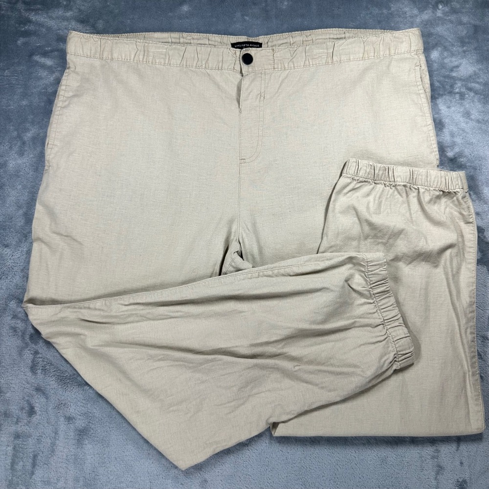 Saks Fifth Avenue Mens XXL Tan Linen Blend Elastic Waist Drawstring Pants Zipper